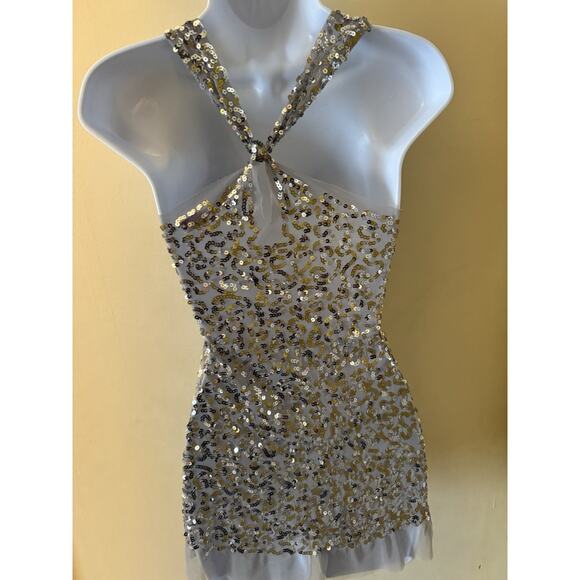 Sequin Mesh Cross Back Sleeveless silver XS Swiftie Reputation Indie Sleaze Y2K - Picture 7 of 11